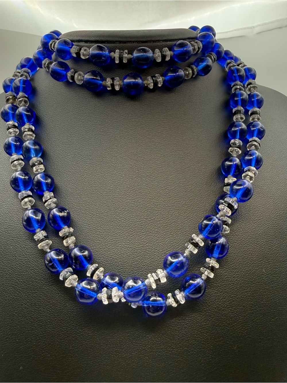 Cobalt blue long Vintage 1930s Glass Bead Necklace Round Beads
